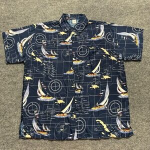 Creations Mens Button Up Shirt Size Large Blue Nautical Sailor Map Short Sleeve